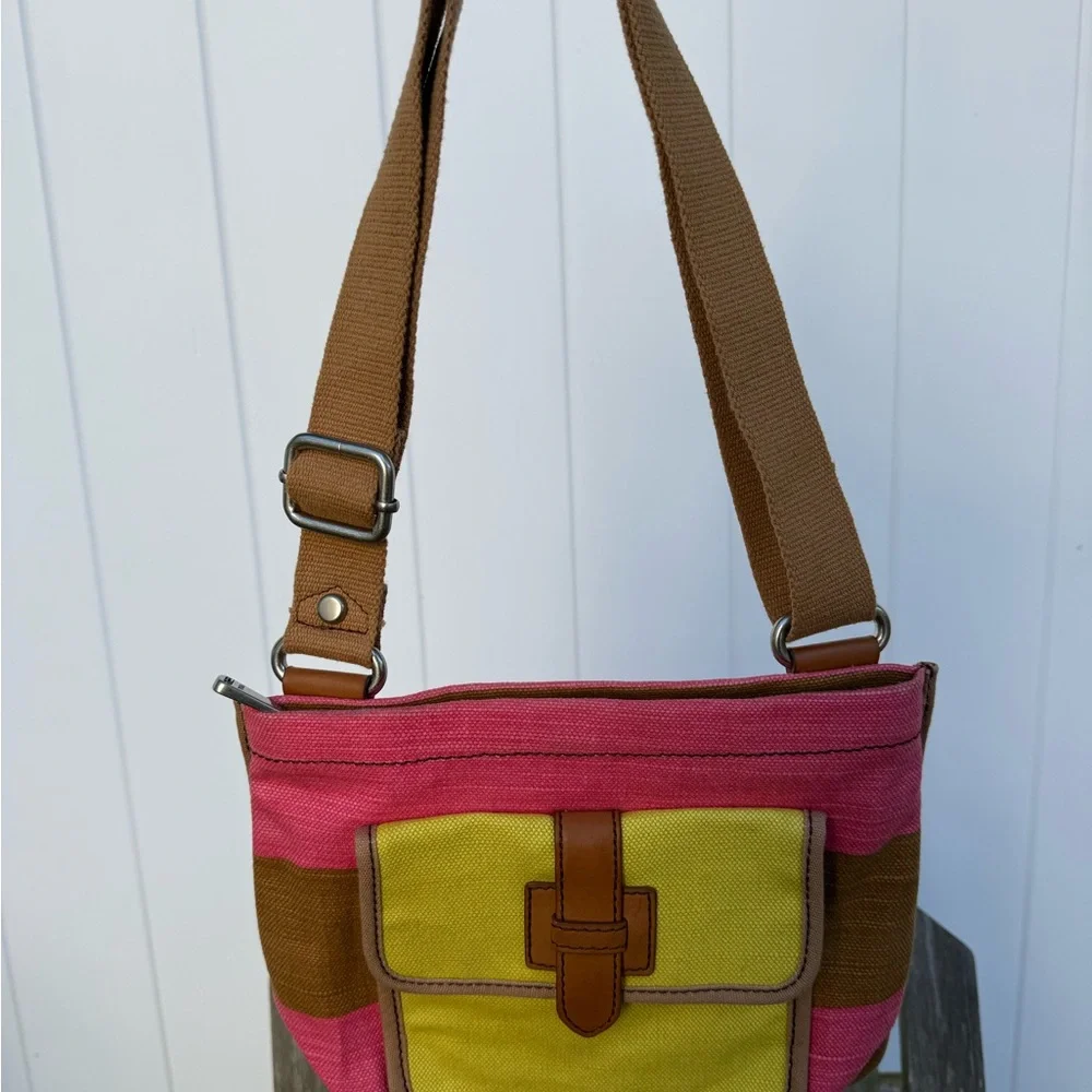 Fossil Shay Canvas Crossbody Pink Yellow Handbag Flap‎ Closure Pocket Bag NWOT W